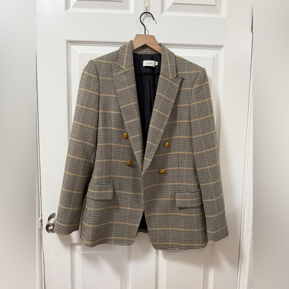 ALC Sedgwick Green Yellow Plaid Gold Double Breasted Blazer Preppy Fall Tailored - Picture 6 of 16
